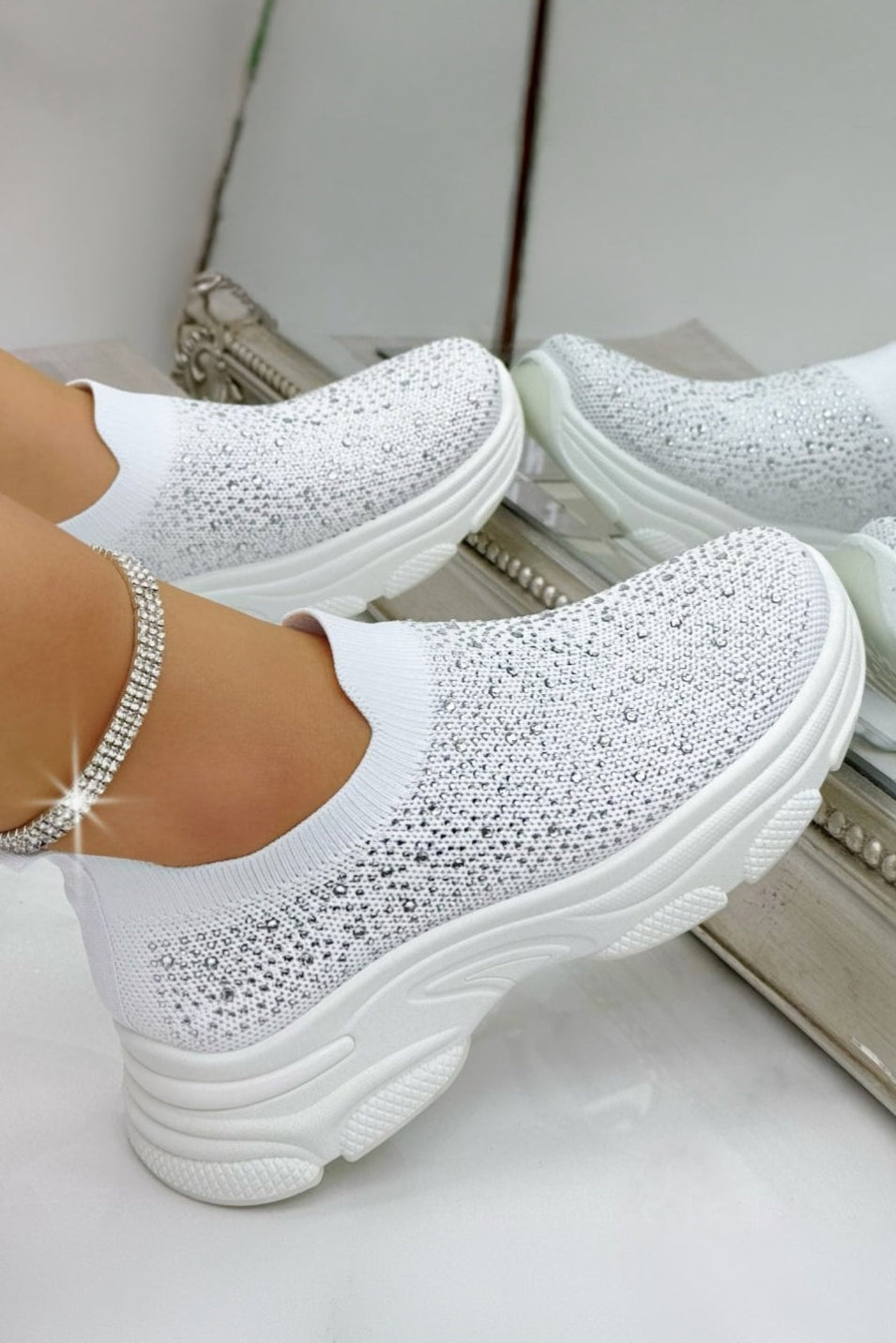 Crystal Comfort Sporty Sock Stretch Trainers White