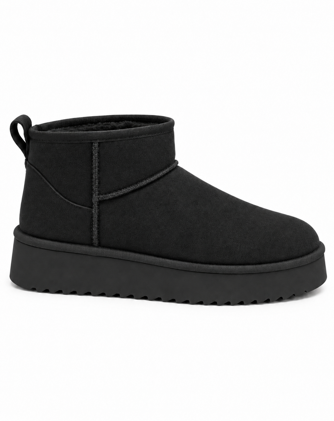 A single black suede ankle boot with a thick platform sole and a pull tab on the heel, shown from a side profile against a plain white background.