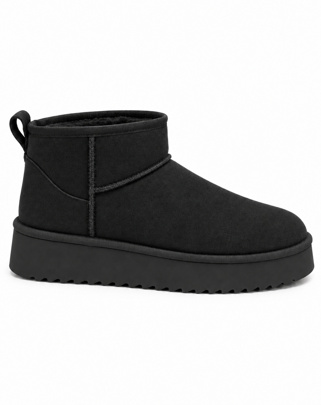 A single black suede ankle boot with a thick platform sole and a pull tab on the heel, shown from a side profile against a plain white background.