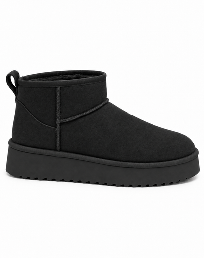 A single black suede ankle boot with a thick platform sole and a pull tab on the heel, shown from a side profile against a plain white background.