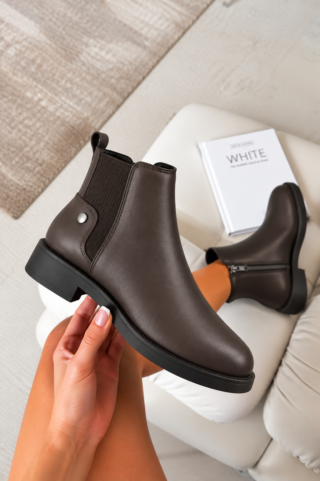 Cooper Faux Leather Luxe Low Heel Stud Zip Up Ankle Chelsea Boots Brown