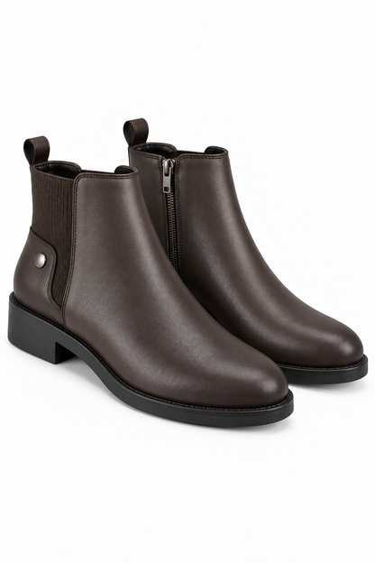 Cooper Faux Leather Luxe Low Heel Stud Zip Up Ankle Chelsea Boots Brown