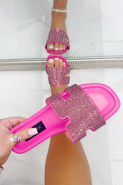 Crystal Lush Halo Sliders Hot Pink, with emphasis on slip on style