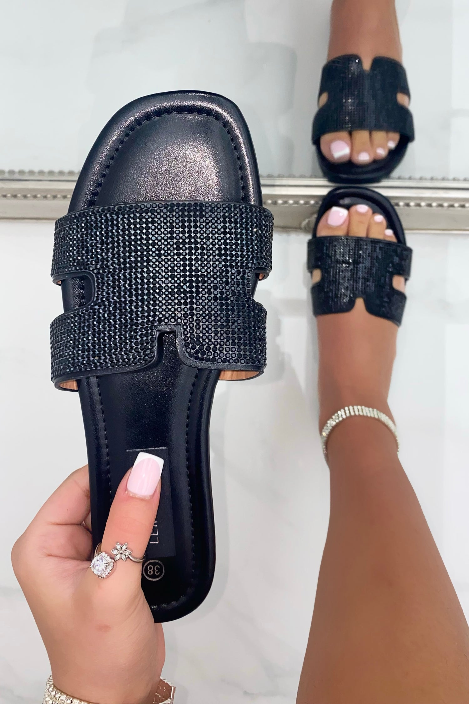 Crystal Lush Halo Sliders Black finished with crystal embellished