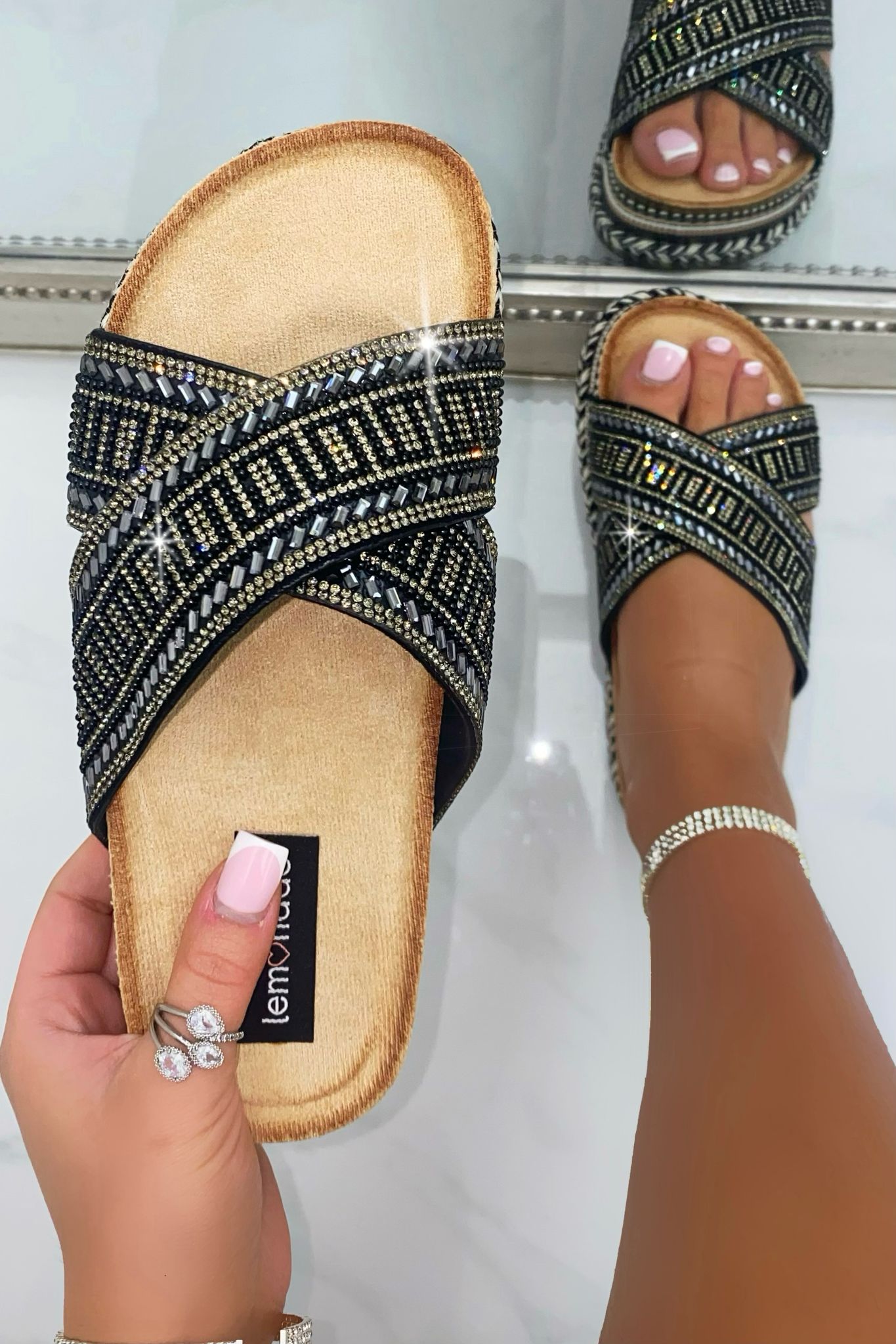 Crystal Shimmer Wedge Sliders Black featuring embellished Crossover Strap Design
