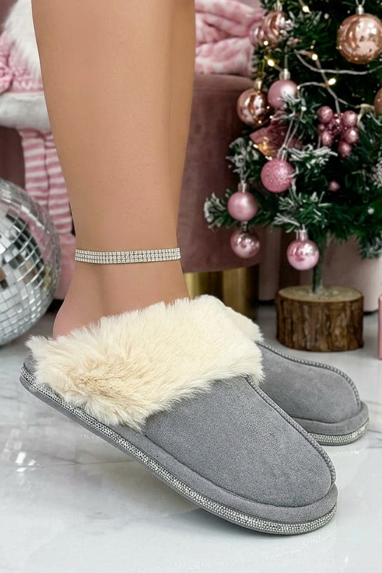 Crystal Trim Cosy Slippers Grey