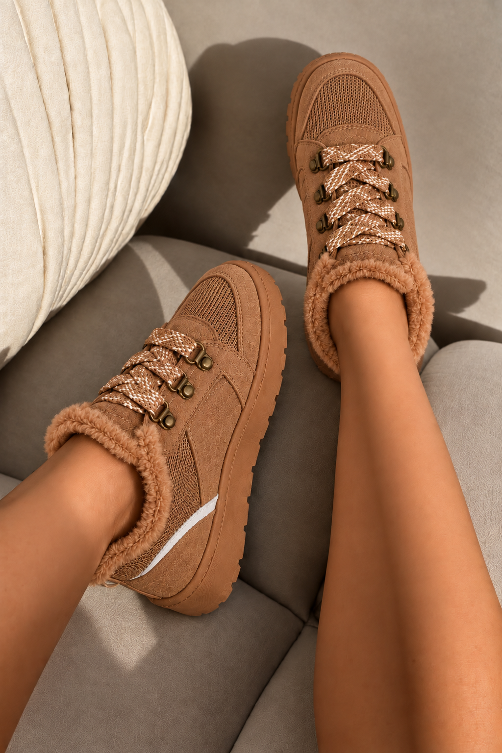 Hudson Comfort Faux Suede Check Lace Faux Fur Lined Trainers Camel