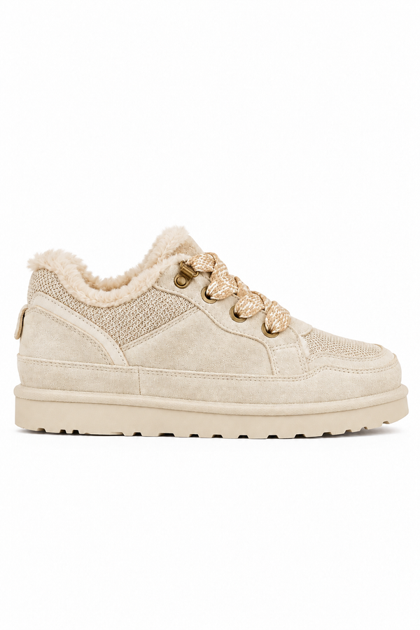 Hudson Comfort Faux Suede Check Lace Faux Fur Lined Trainers Nude