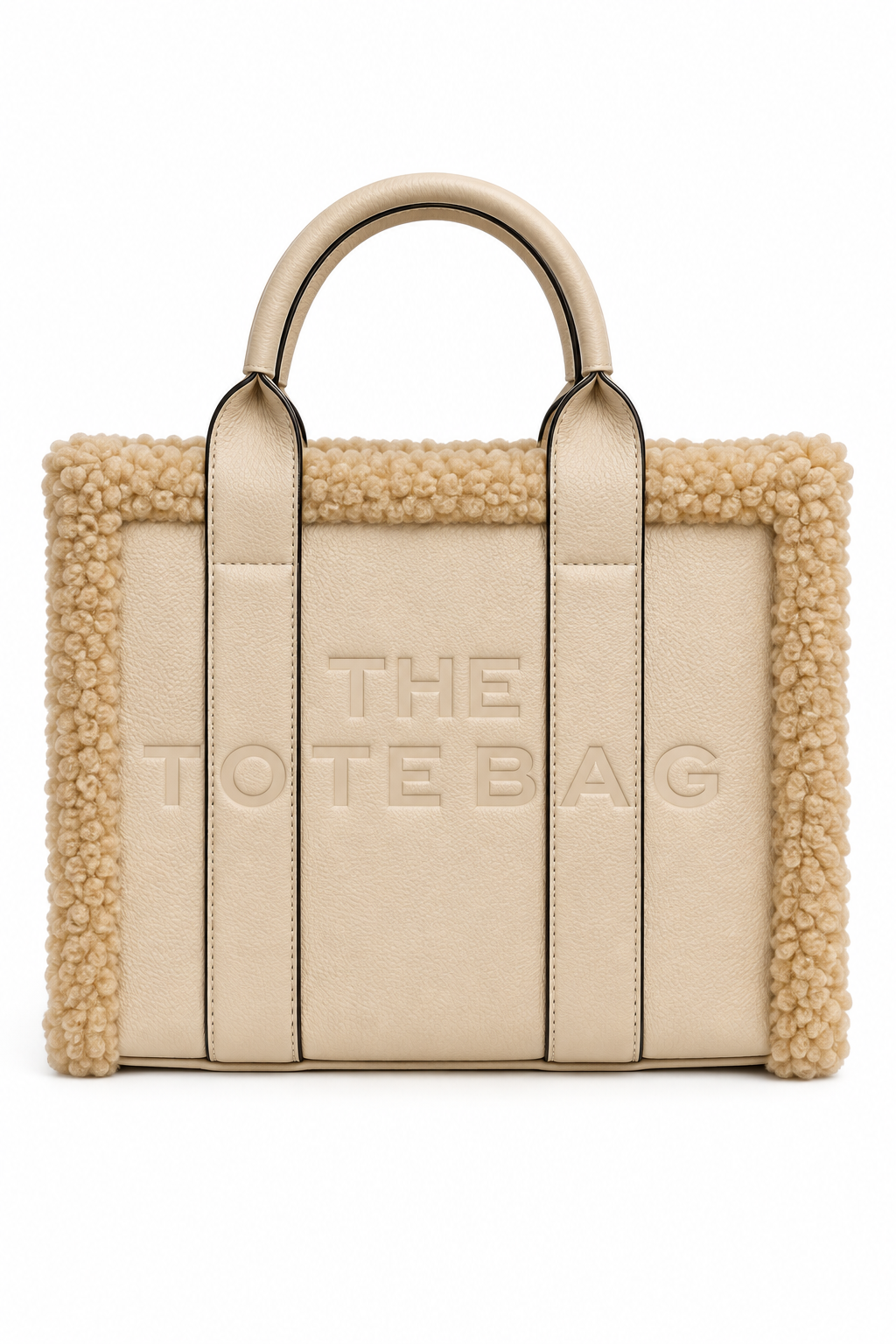 Nude Tote bag featuring a plush cream bouclé trim, structured silhouette, long top handles with black edging, and raised tonal lettering on the front. Set against a white background.