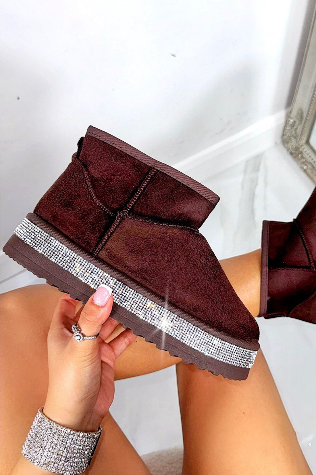 Crystal Diamond Edge Cosy Snug Mini Boots Brown, with emphasis on fully encrusted rhinestone sole detailing