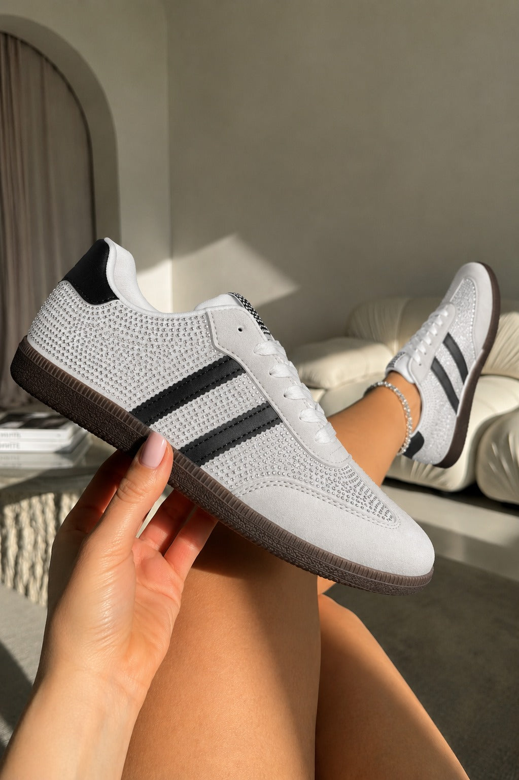 Crystal Afterglow Lace-Up Retro Stripe Trainers White