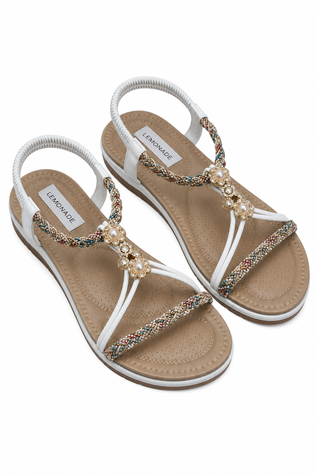 Crystal Amara Jewel Detail Comfort Footbed Sandals White