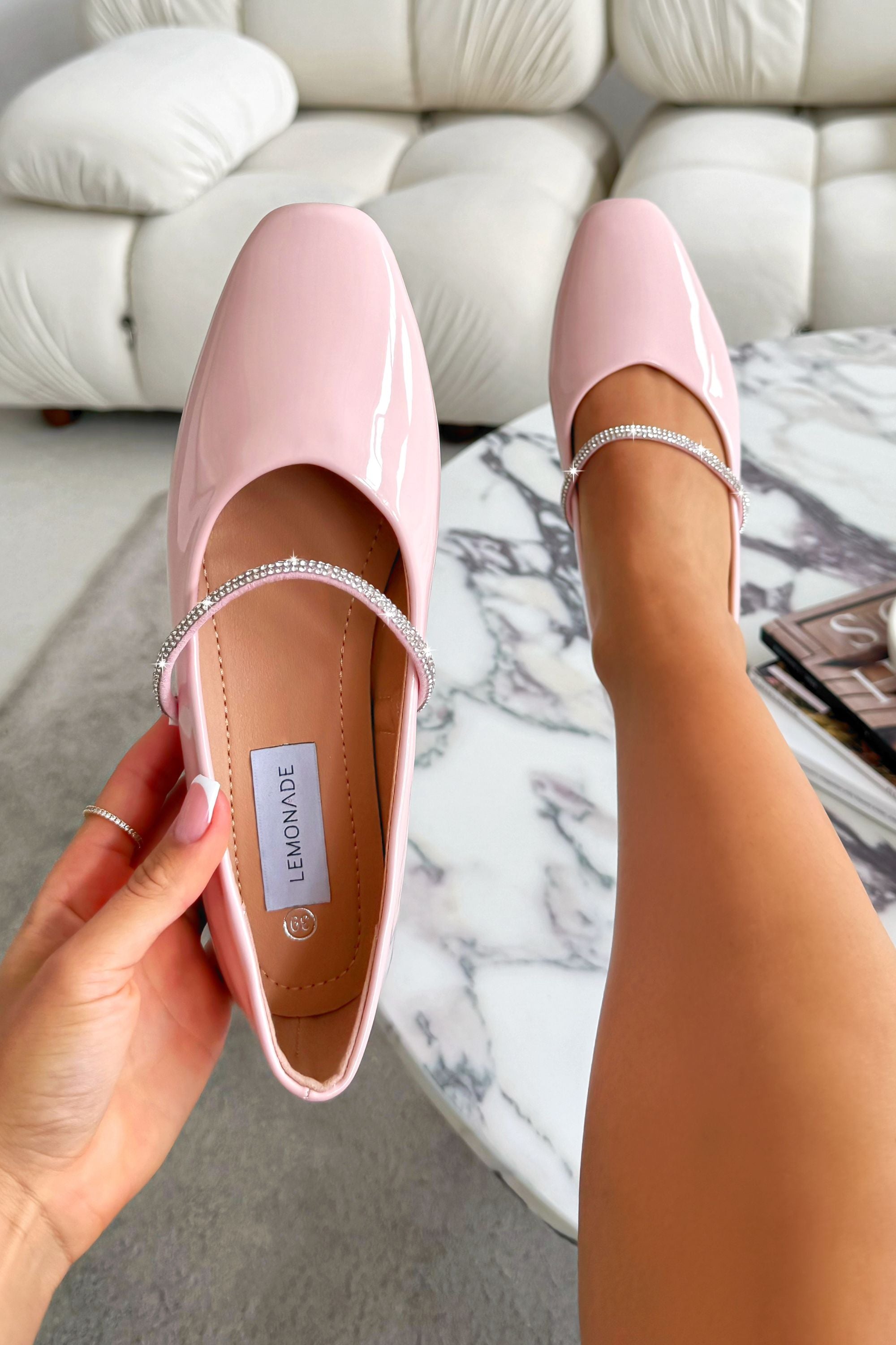 Crystal Belle Dolly Shoes Pink designed with slim rubber sole for comfort and grip