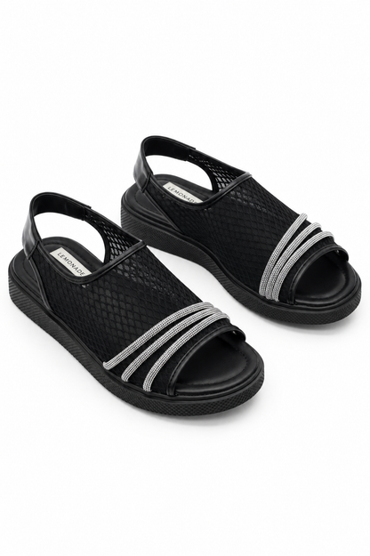 Crystal Bling Mesh Comfort Sandals Black