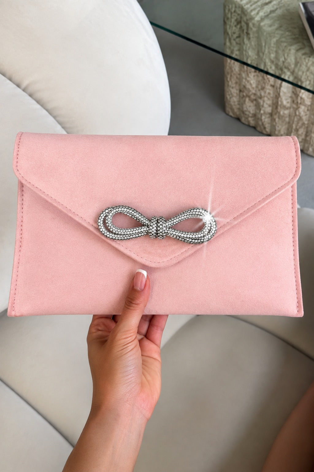 Crystal Bow Embellished Faux Suede Clutch Bag Baby Pink