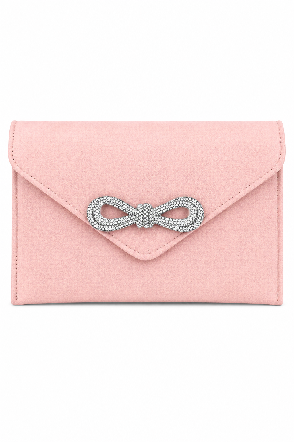 Crystal Bow Embellished Faux Suede Clutch Bag Baby Pink