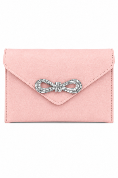 Crystal Bow Embellished Faux Suede Clutch Bag Baby Pink