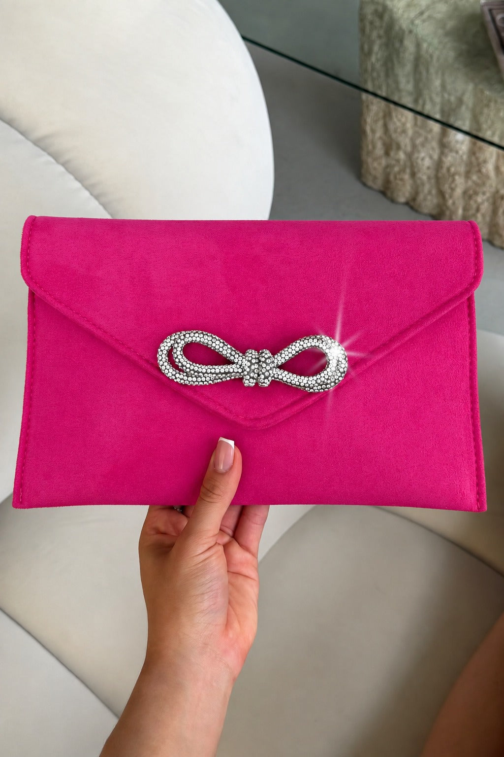 Crystal Bow Embellished Faux Suede Clutch Bag Hot Pink