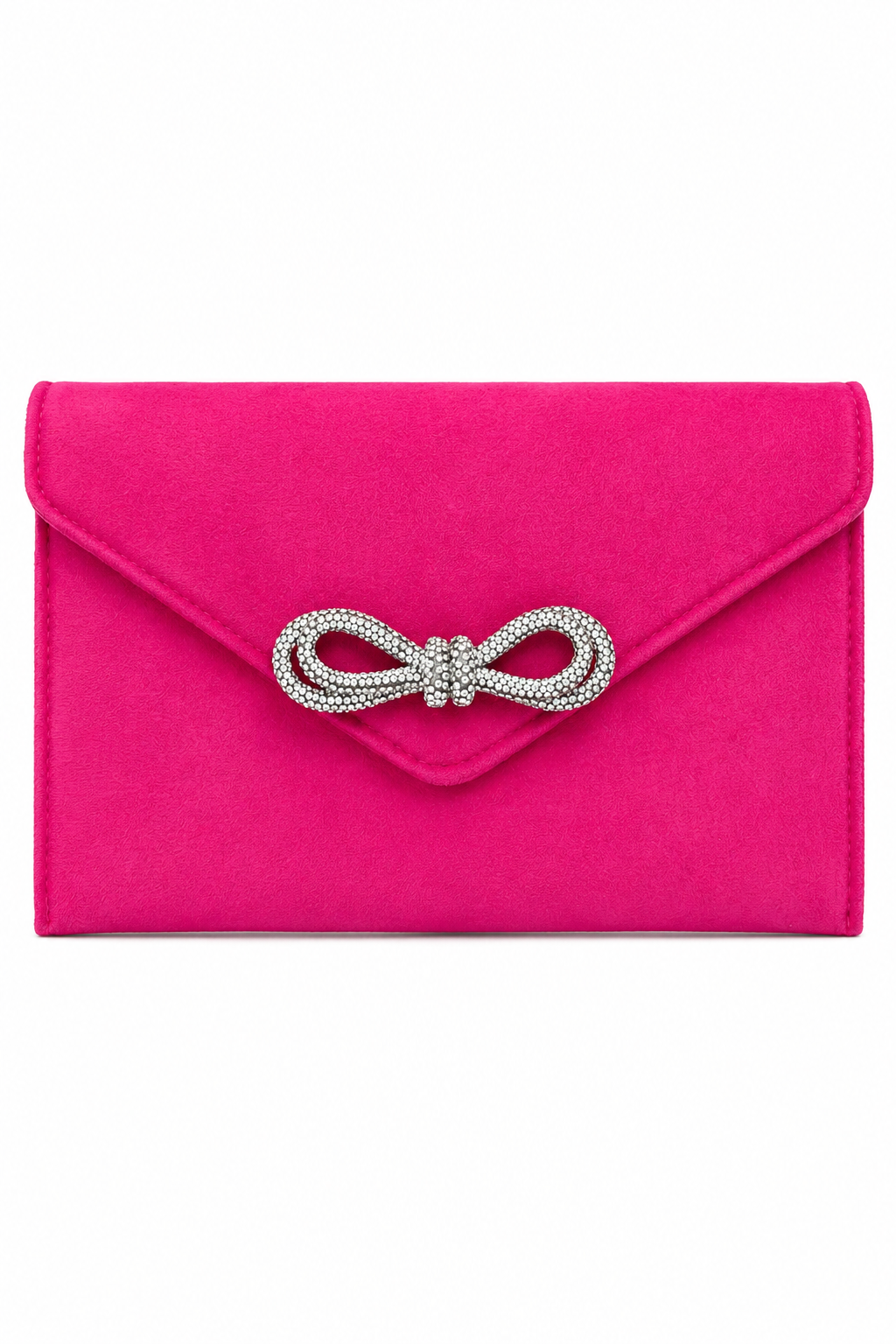Crystal Bow Embellished Faux Suede Clutch Bag Hot Pink