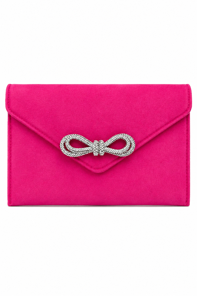 Crystal Bow Embellished Faux Suede Clutch Bag Hot Pink