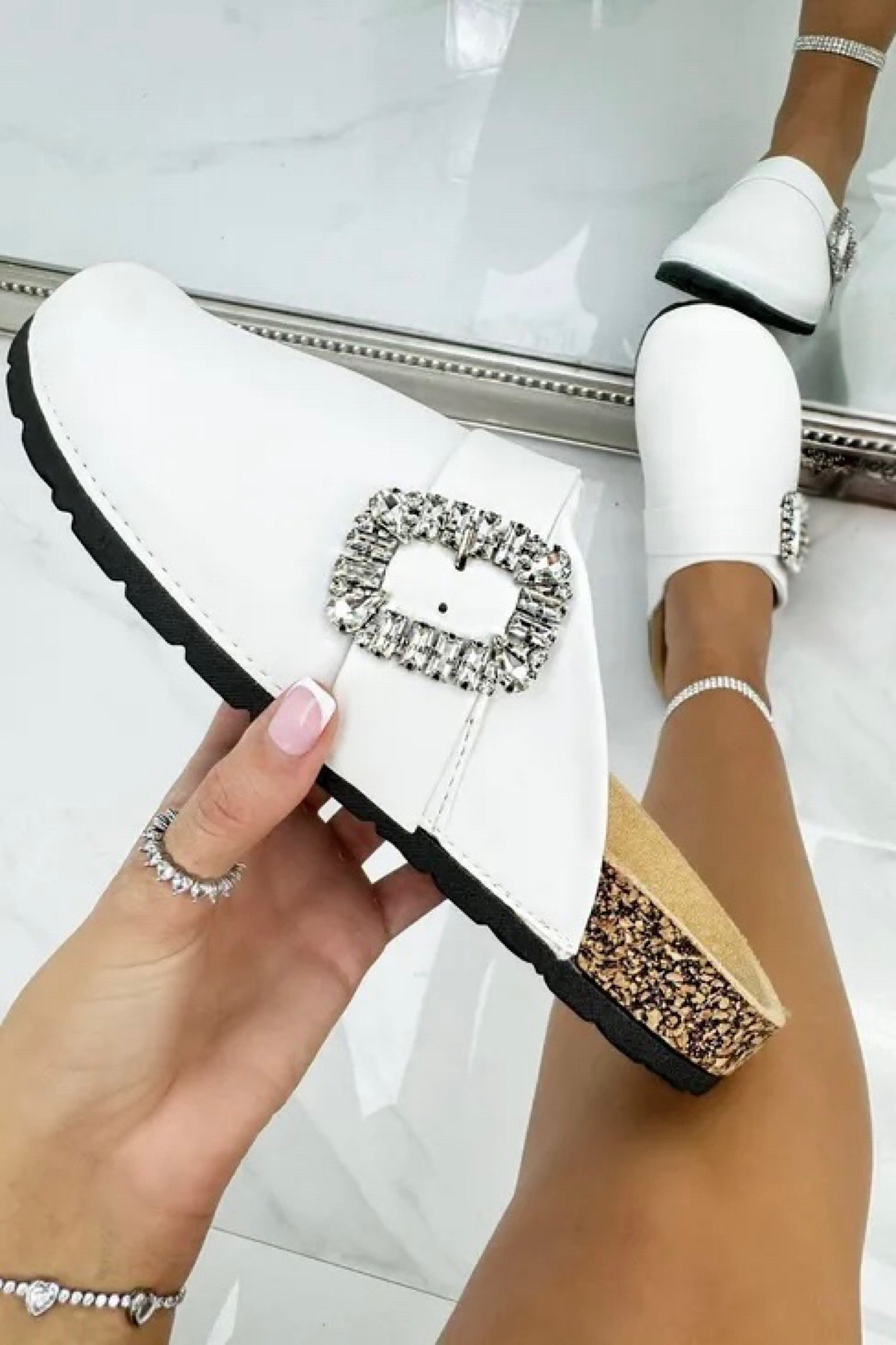 Crystal Buckle Clogs White with soft Upper