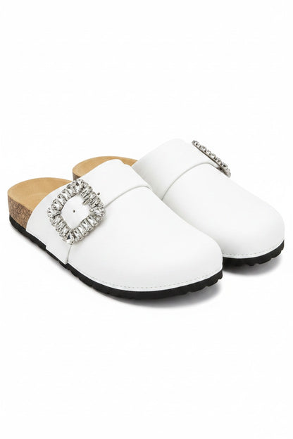 Crystal Buckle Clogs White