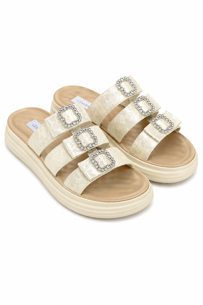 Crystal Buckle Triple Bow Sliders Beige
