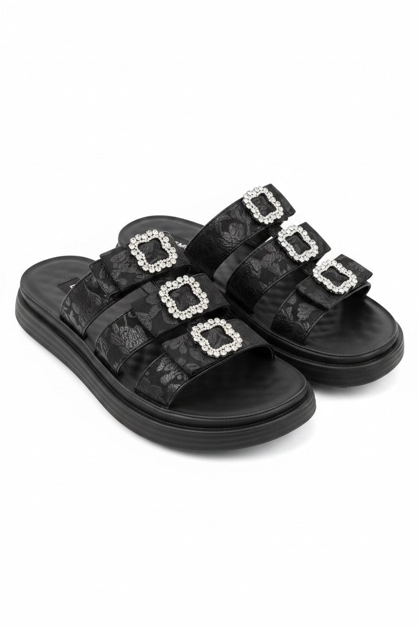Crystal Buckle Triple Bow Sliders Black