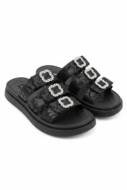 Crystal Buckle Triple Bow Sliders Black