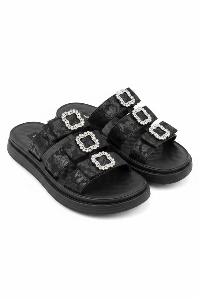 Crystal Buckle Triple Bow Sliders Black