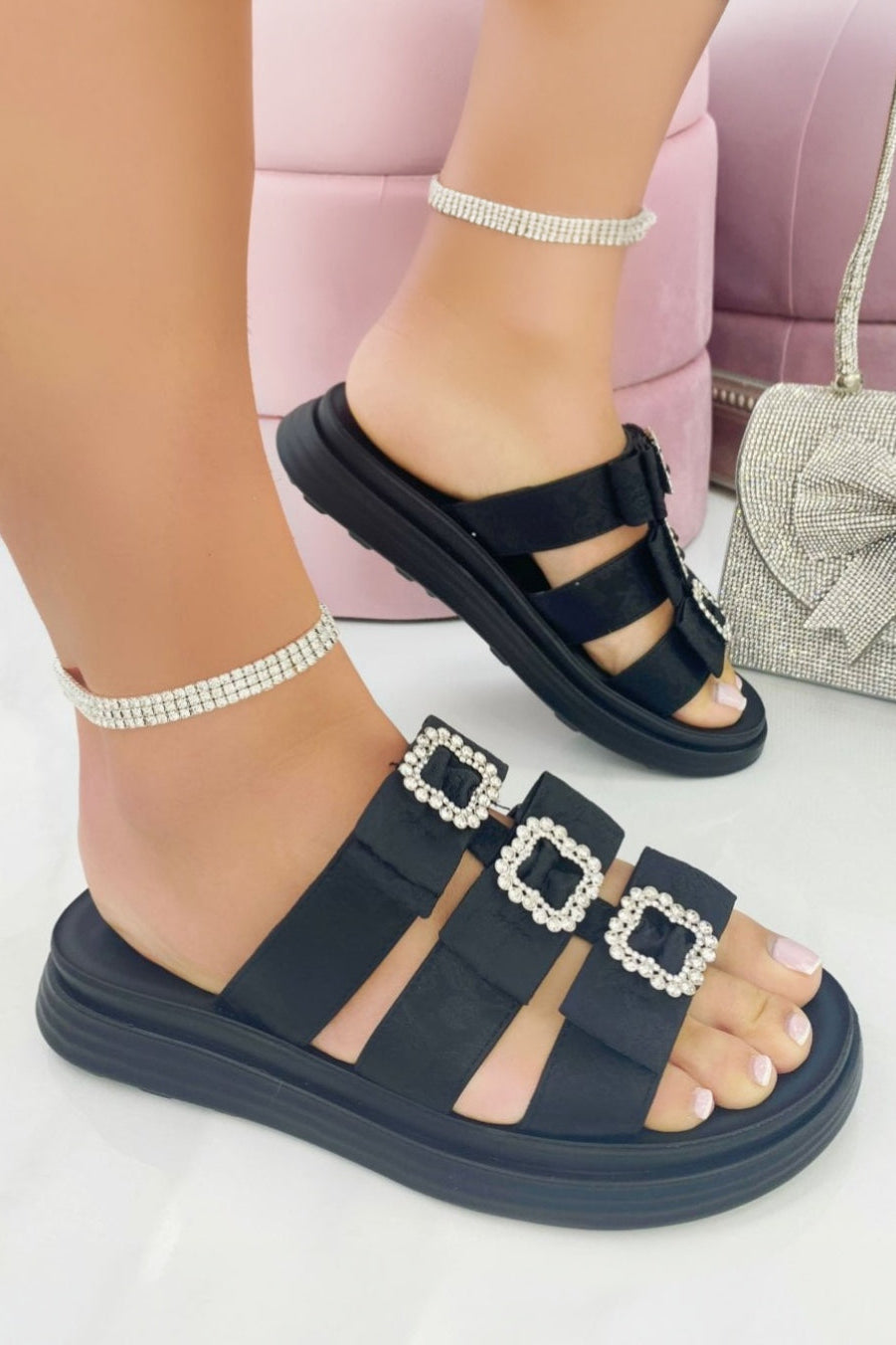 Crystal Buckle Triple Bow Sliders Black