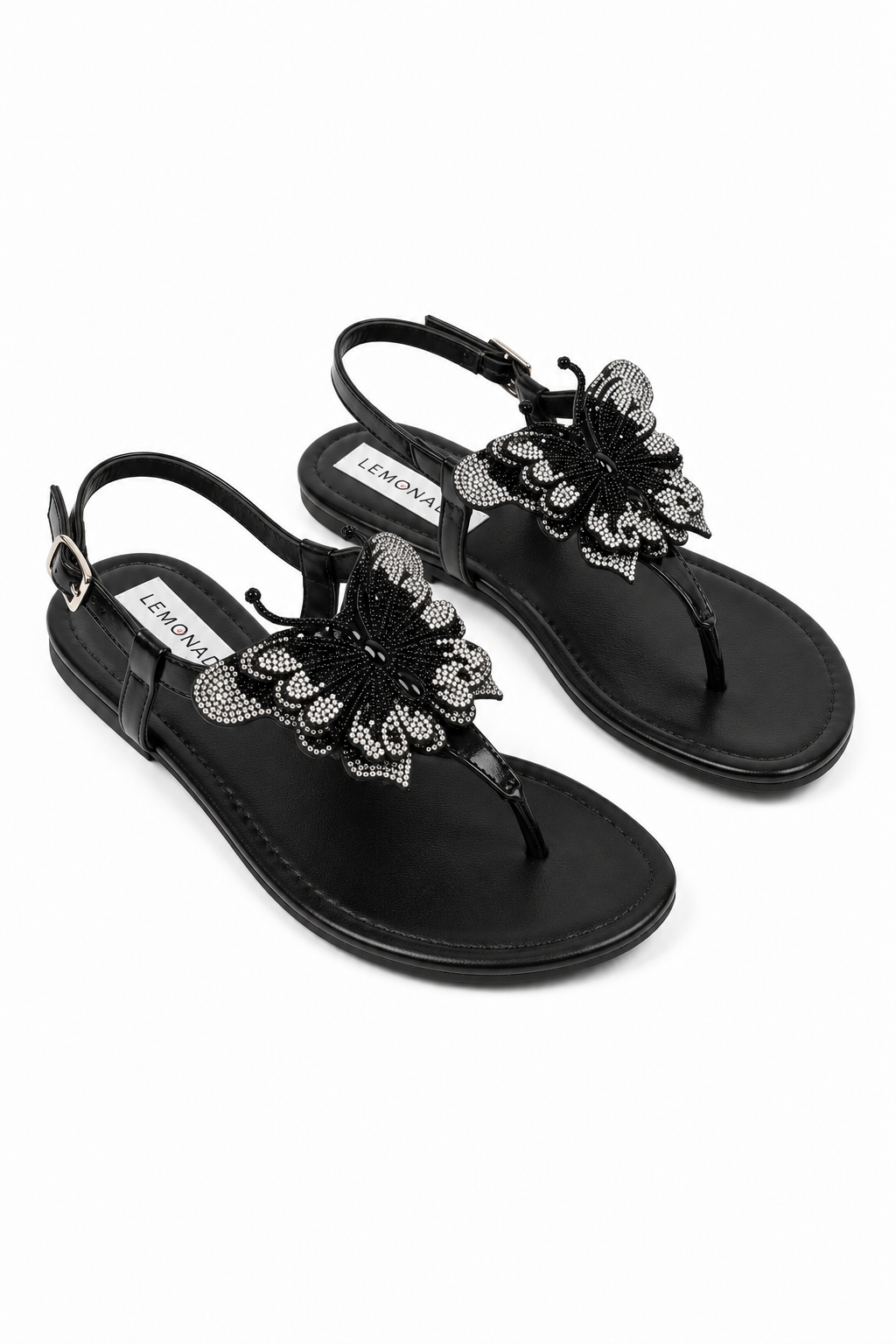 Crystal Butterfly Rosette Embellished Slingback Sandals Black