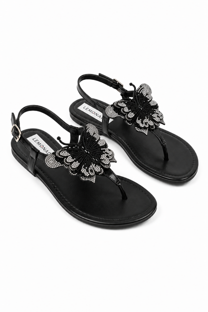 Crystal Butterfly Rosette Embellished Slingback Sandals Black