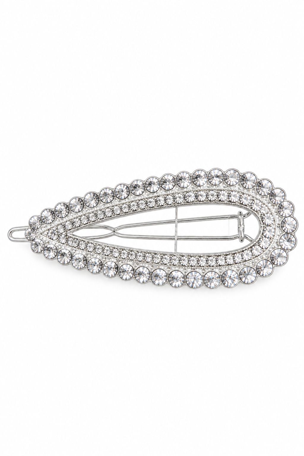 A silver teardrop-shaped hair claw clip embellished with multiple rows of clear rhinestones, shown on a plain white background.