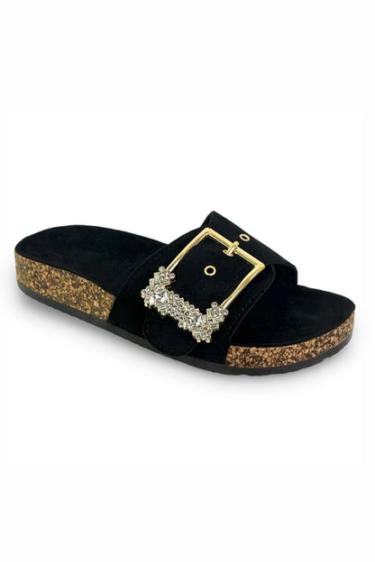 Crystal Chunky Buckle Sliders Black