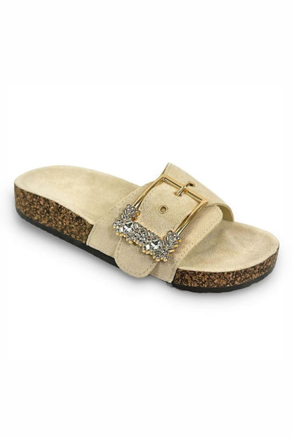 Crystal Chunky Buckle Sliders Nude