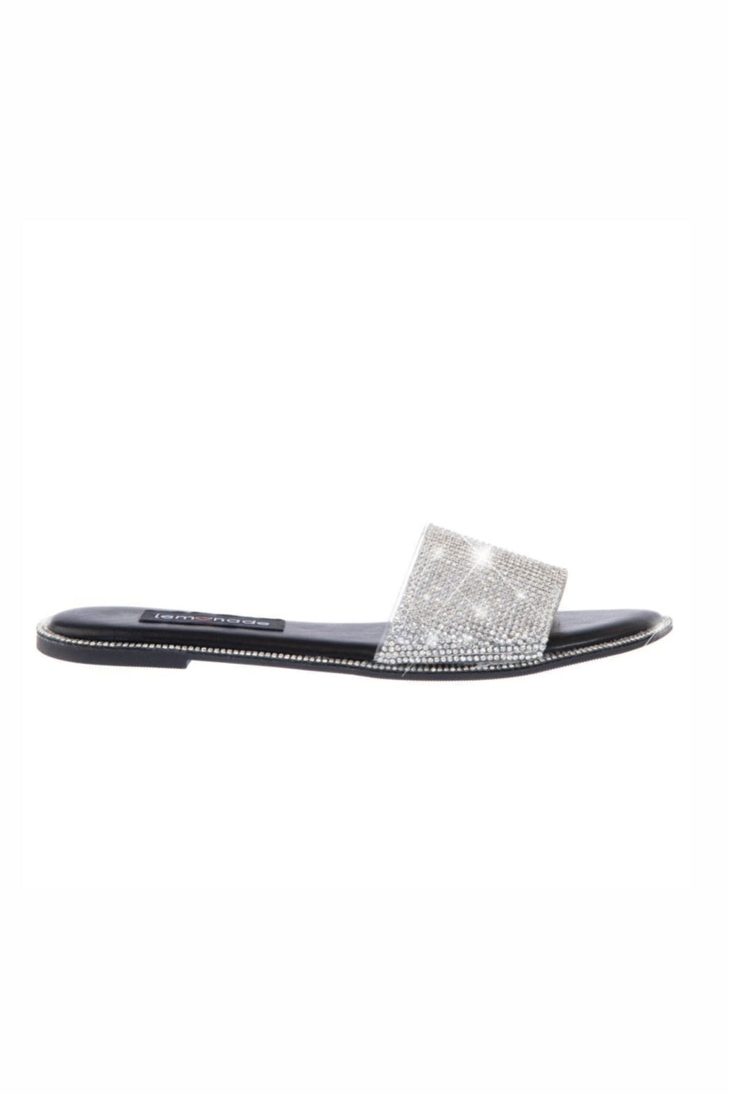 Black slide sandal with a silver embellished strap on a white background