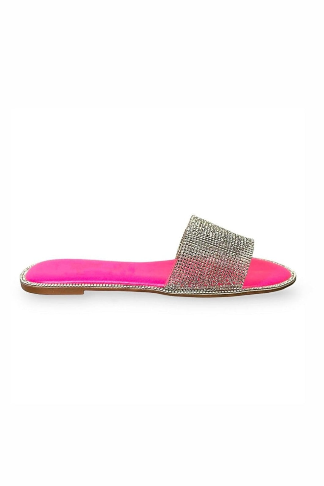Pink sandal with a rhinestone strap on a white background