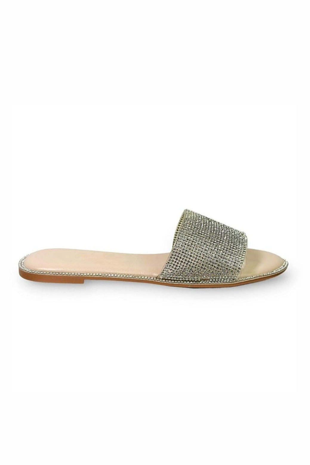 Tan sandal with a small decorative chain on a white background