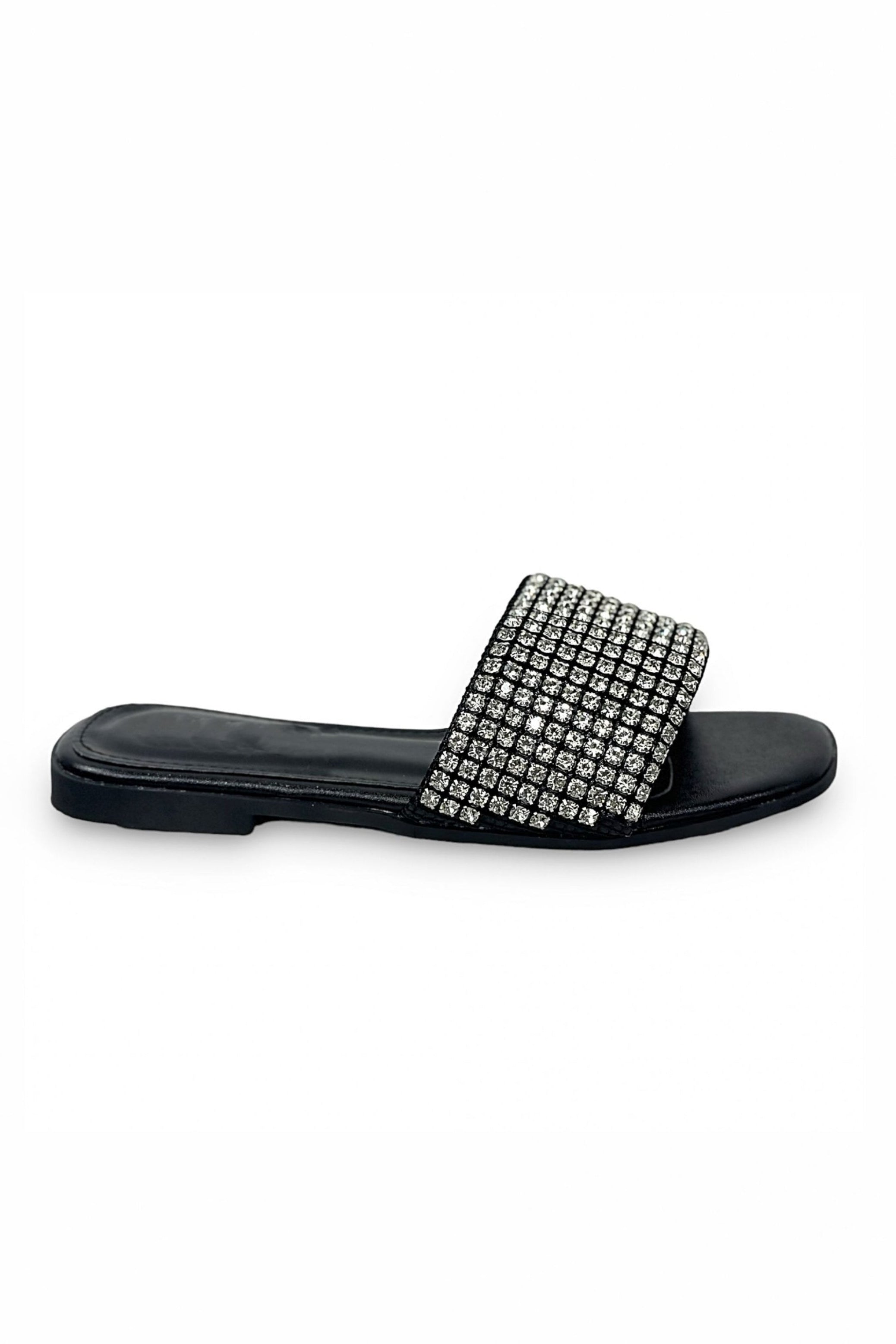 Black slider with rhinestone embellished crystal strap