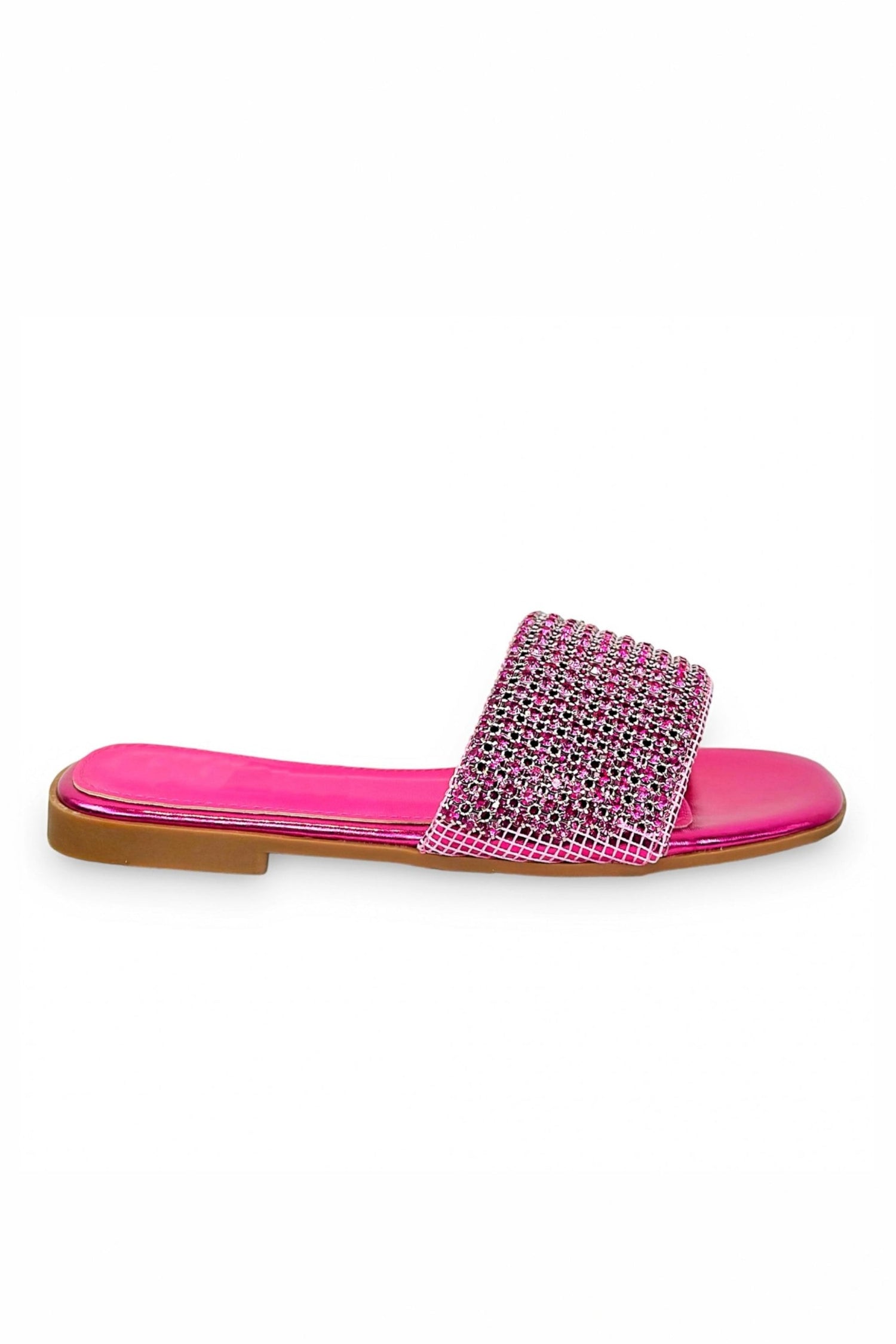Pink slide sandal with rhinestone strap on a white background