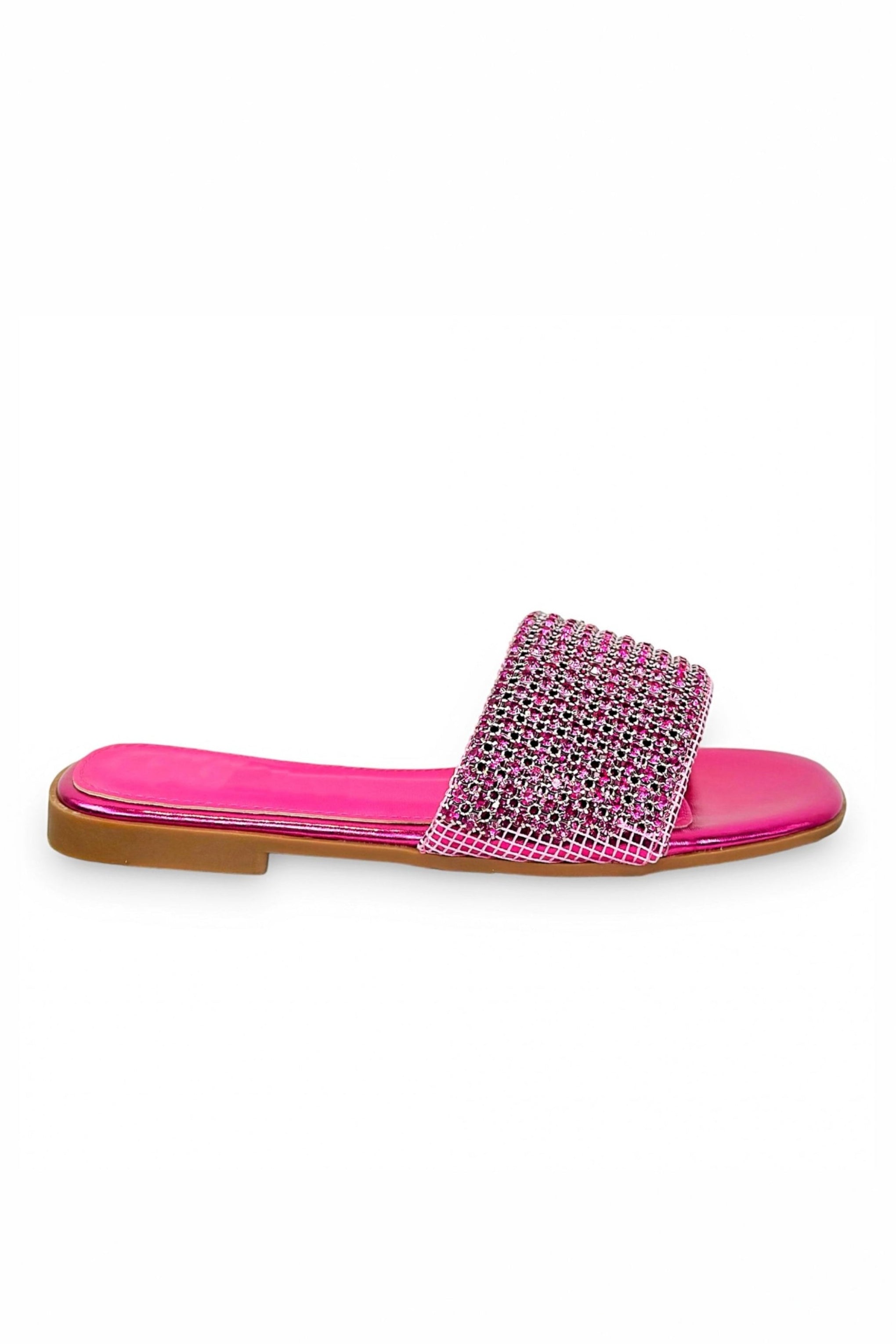 Pink slide sandal with rhinestone strap on a white background