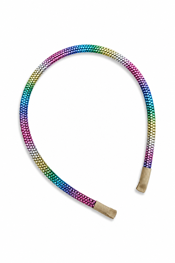 A braided headband with a vibrant rainbow color pattern, featuring natural wood-toned end caps, shown on a plain white background.