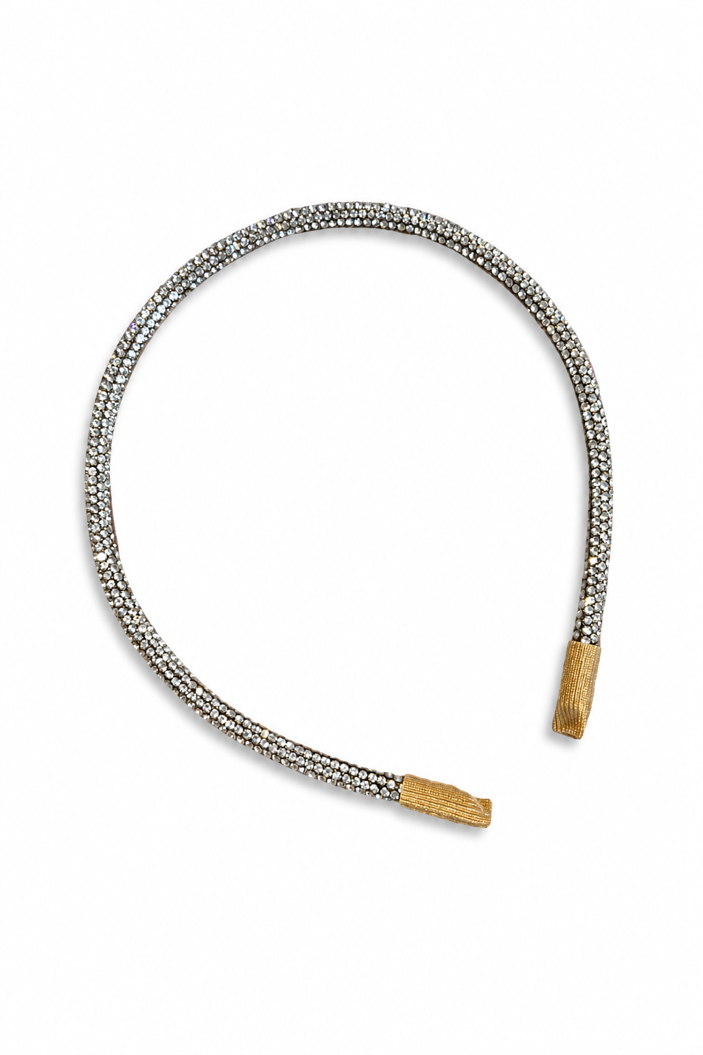 A silver-toned braided headband with gold-toned metal end caps, displayed on a clean white background.