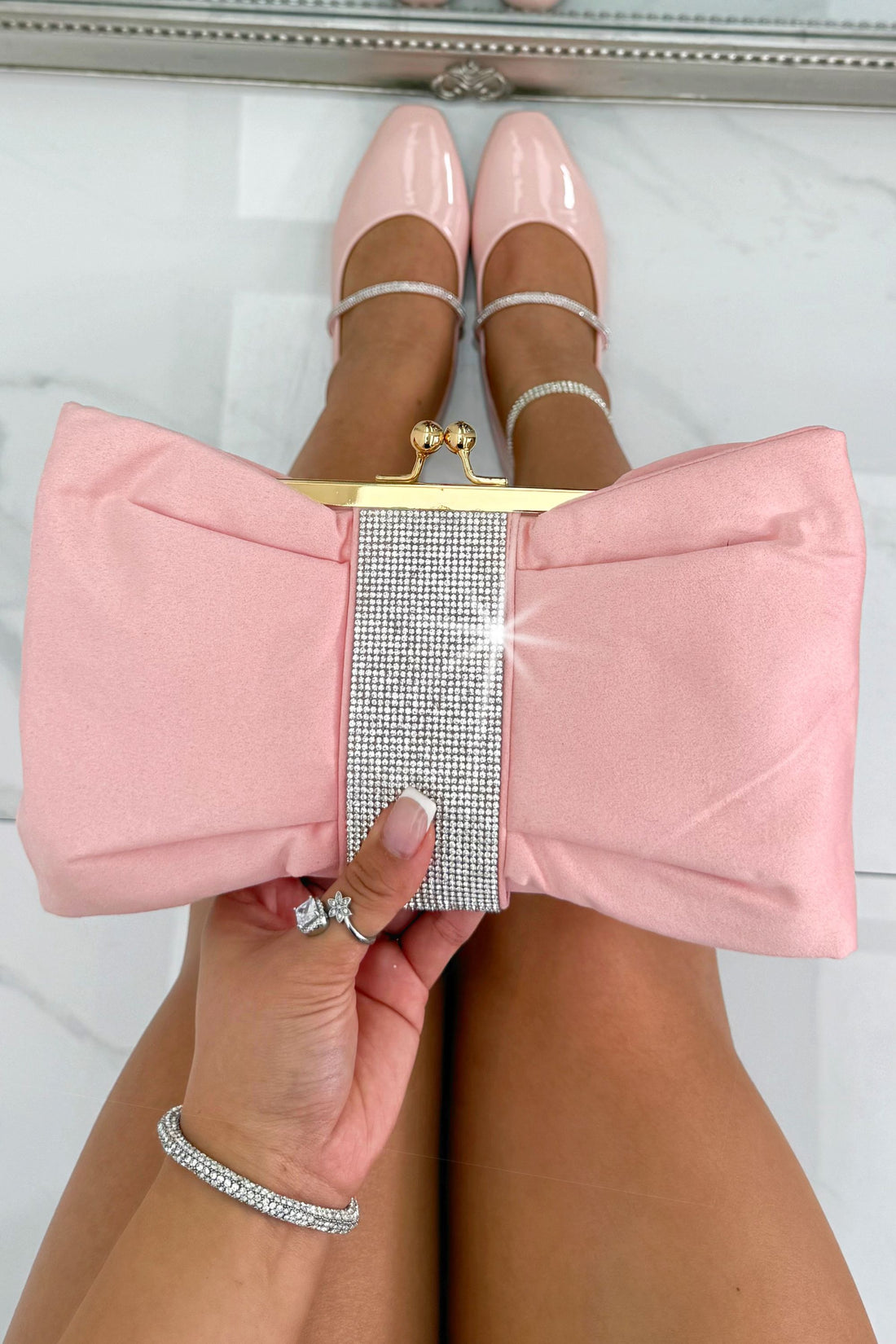 Crystal Detail Suede Bow Clutch Bag Baby Pink