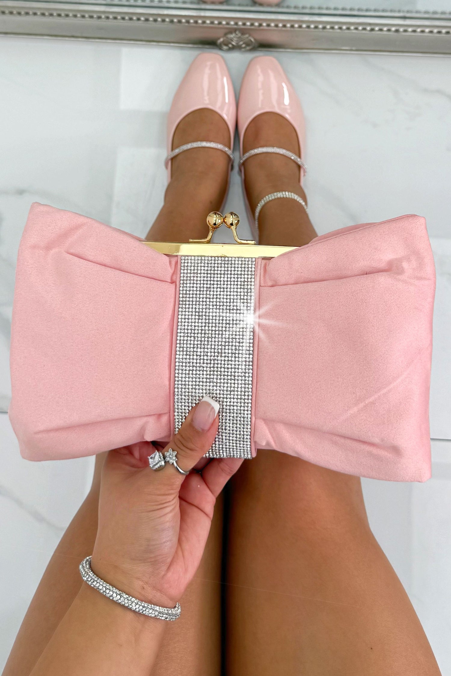 Crystal Detail Suede Bow Clutch Bag Baby Pink
