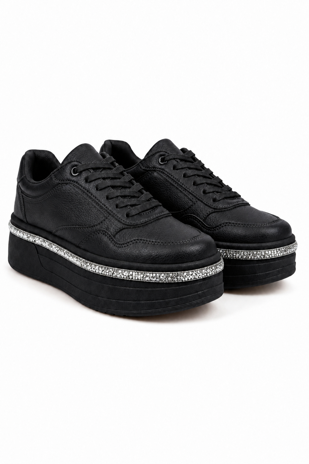Crystal Diamante Trim Platform Trainers Black