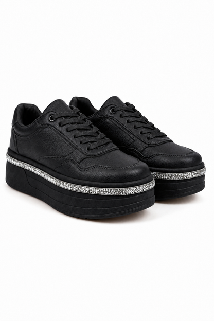 Crystal Diamante Trim Platform Trainers Black