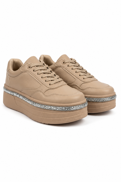Crystal Diamante Trim Platform Trainers Mocha