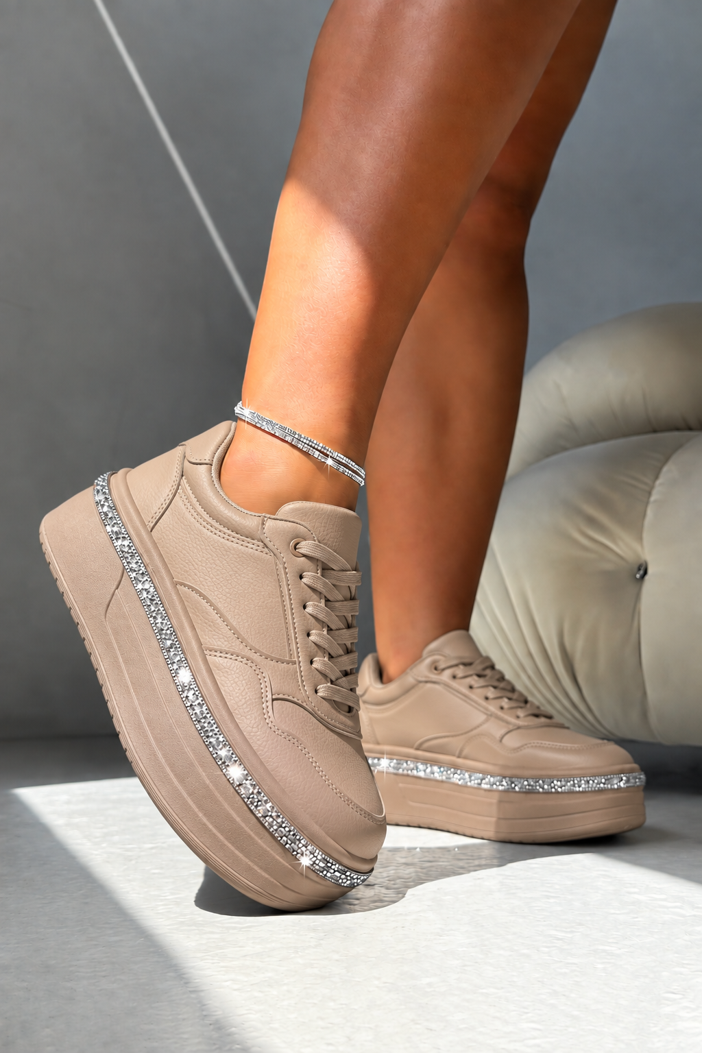 Crystal Diamante Trim Platform Trainers Mocha